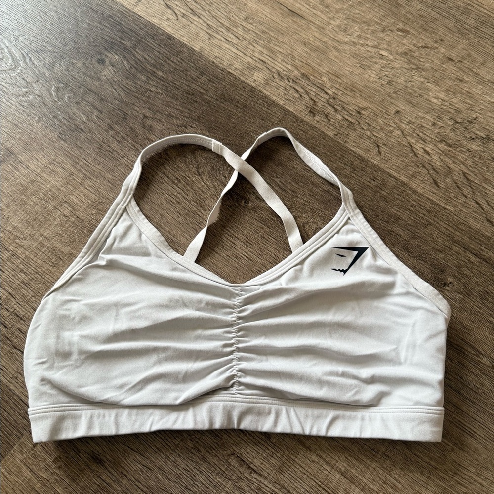 Gymshark White Sports Bra with Crossed Straps and Ruched Front